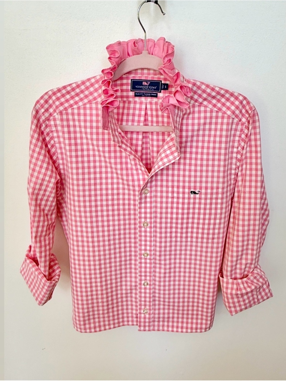 Vineyard Vines Pink Gingham Button-Down Shirt with Whale Logo
